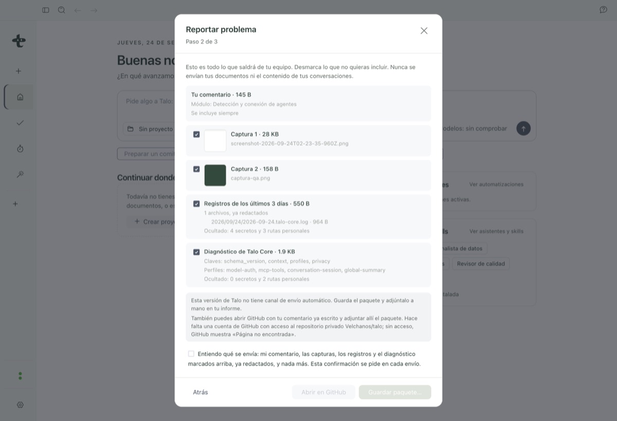 La pantalla de revisión antes de enviar el feedback