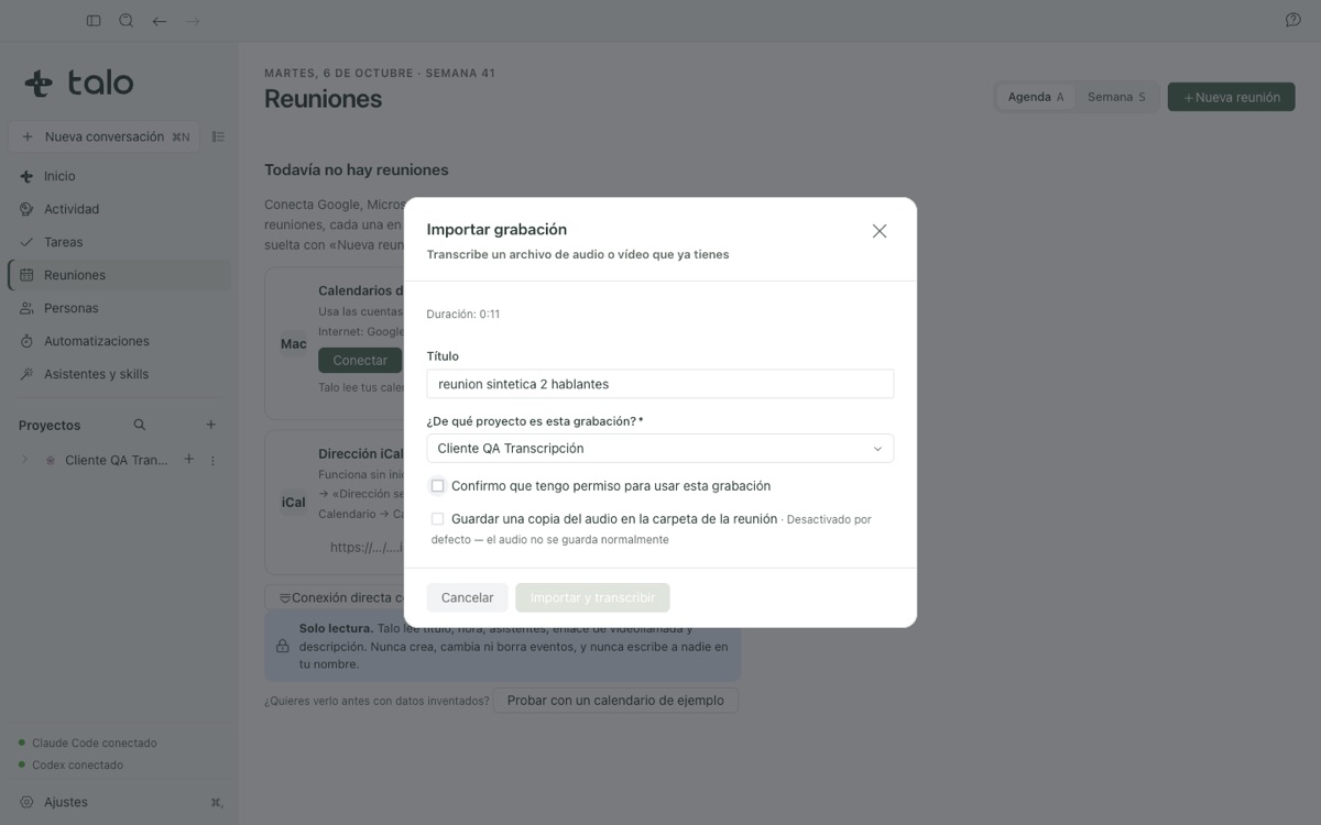 A recording ready to import, with duration and format