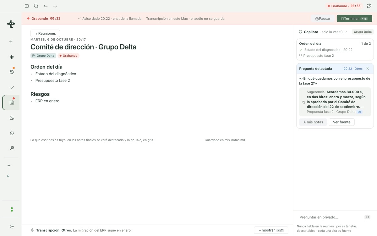 A live meeting with a copilot answer, citing its exact source
