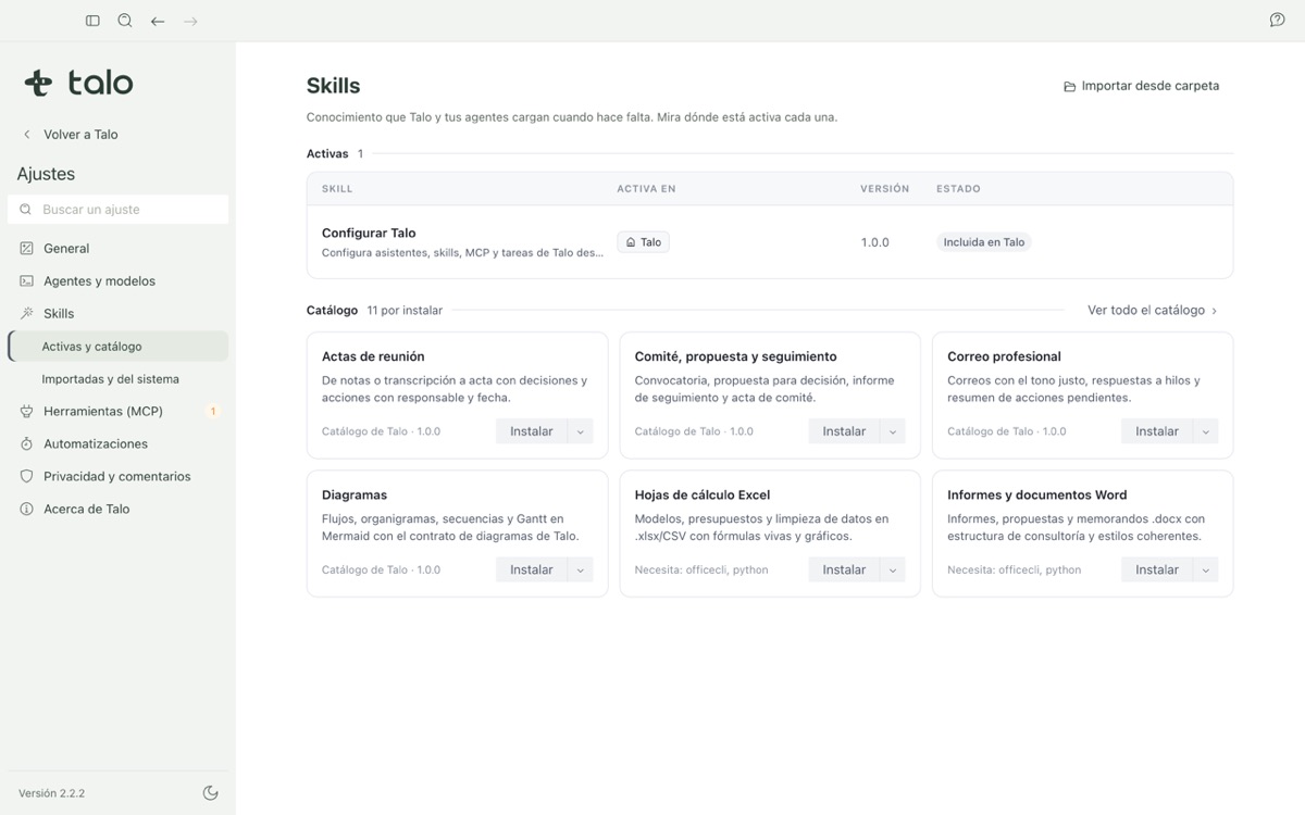 Skills settings with active skills and the catalog