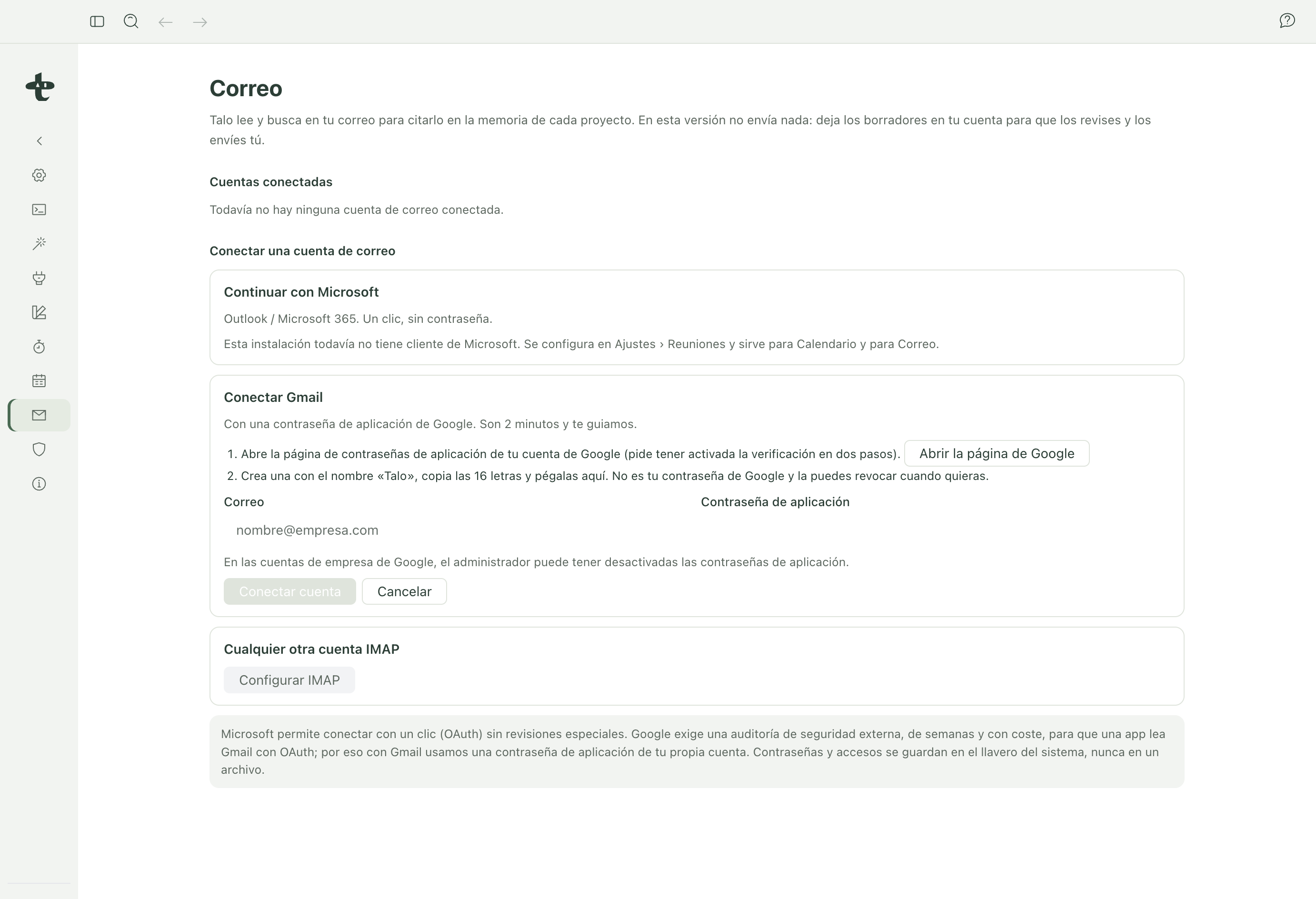 Ajustes › Correo sin ninguna cuenta conectada