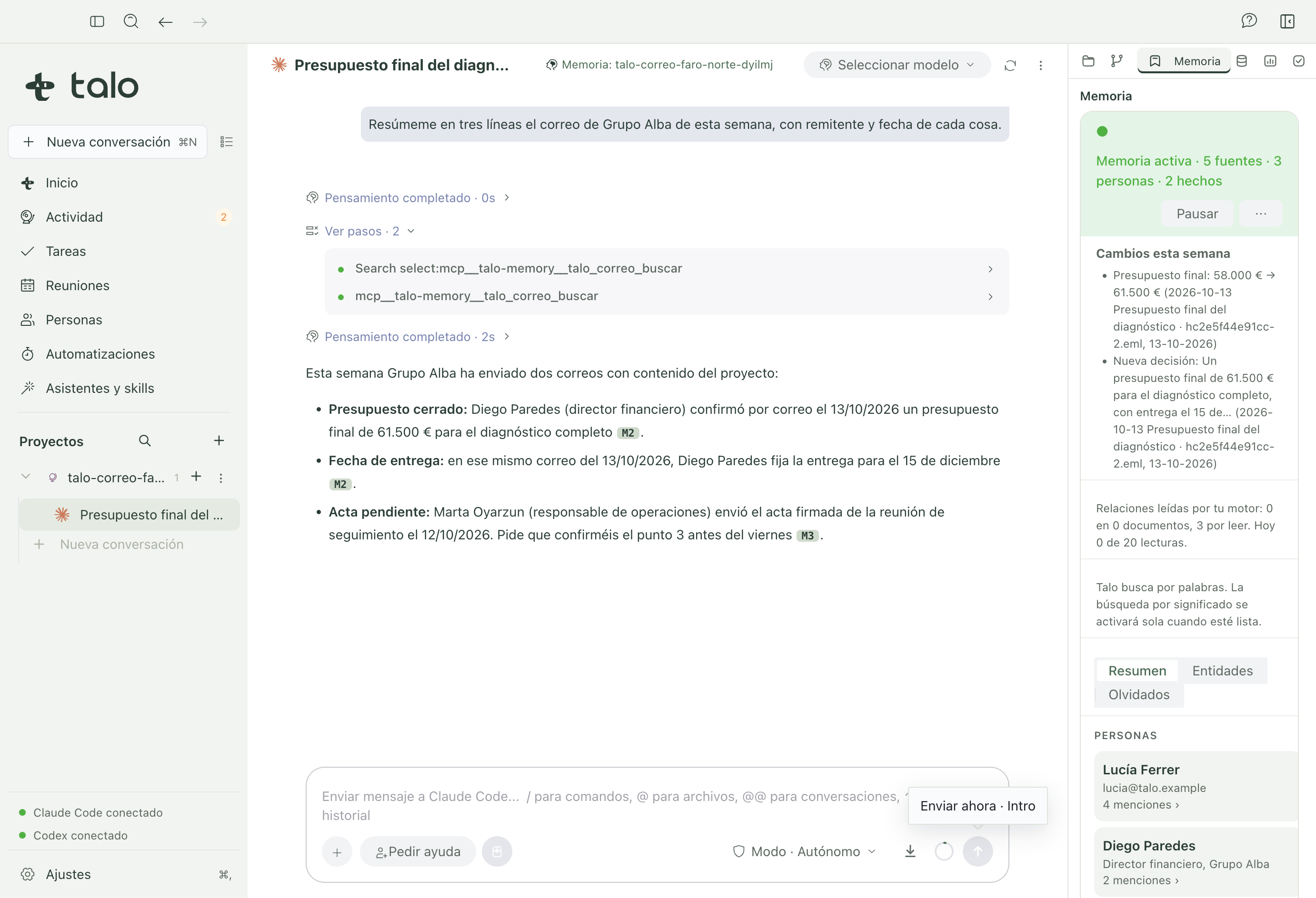 Resumen del correo de un cliente, citando remitente y fecha de cada hecho