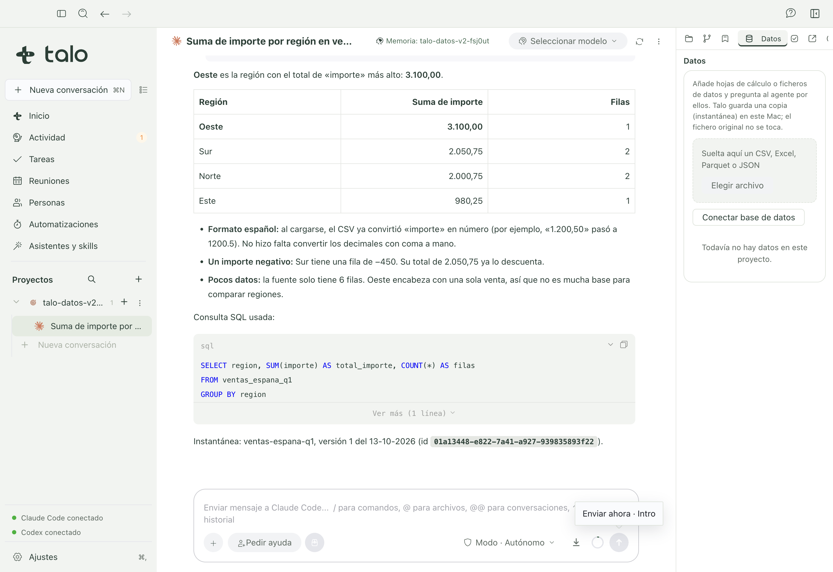 Respuesta sobre un CSV en formato español: suma por región, con la consulta SQL y la instantánea citadas