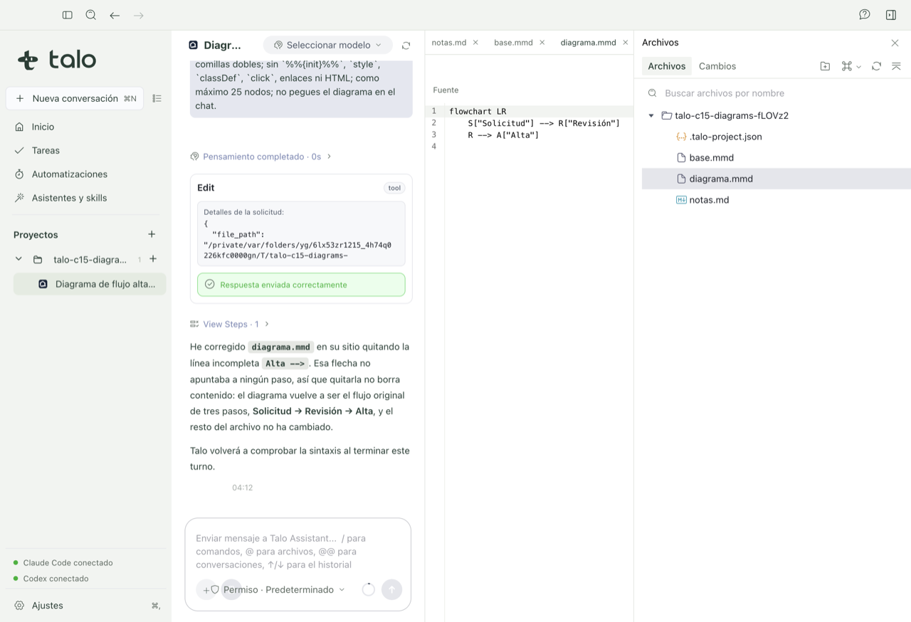 Diagrama Mermaid con el texto a la izquierda y la vista previa a la derecha