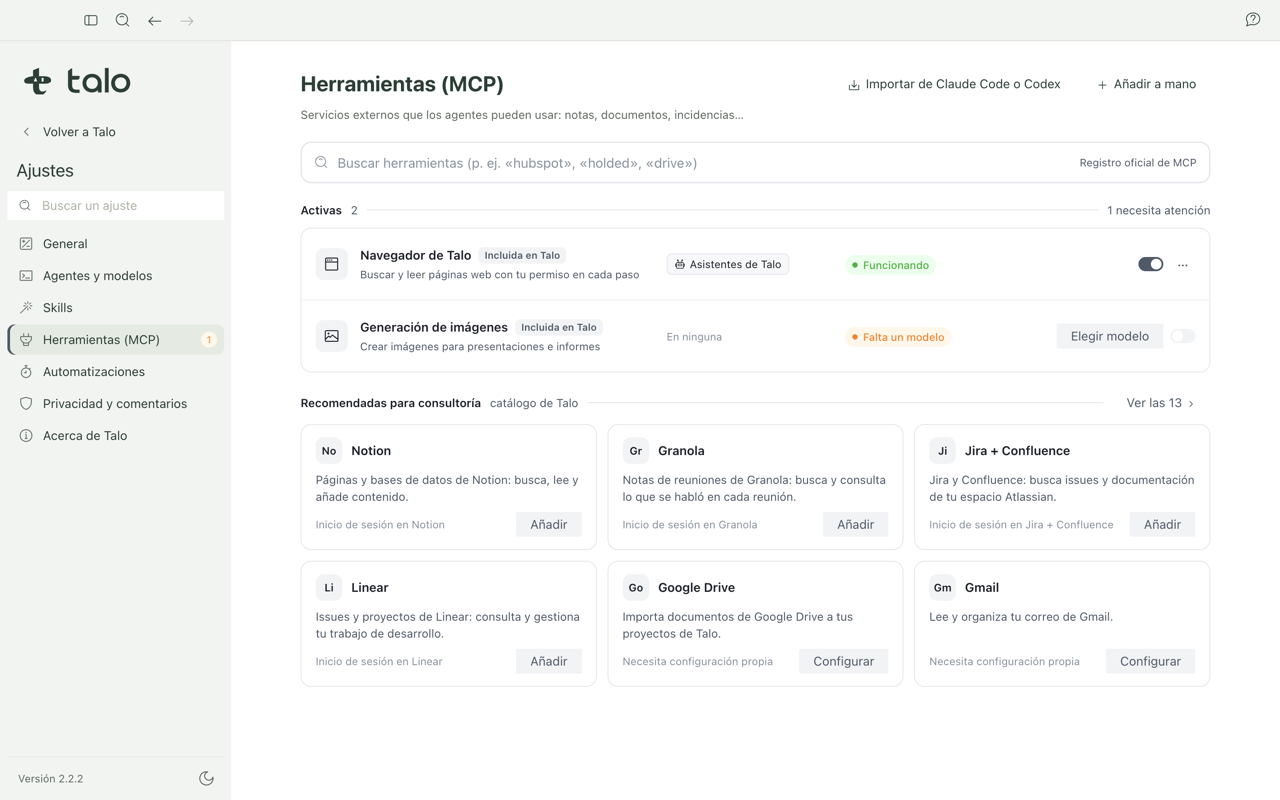 Ajustes de Herramientas con las integradas y su estado