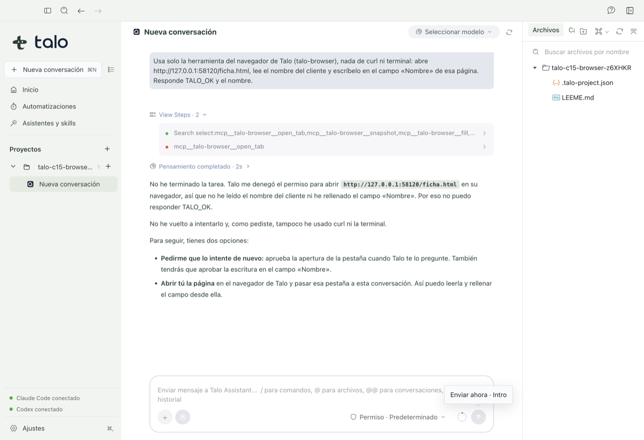 Sesión de navegador dentro de un proyecto