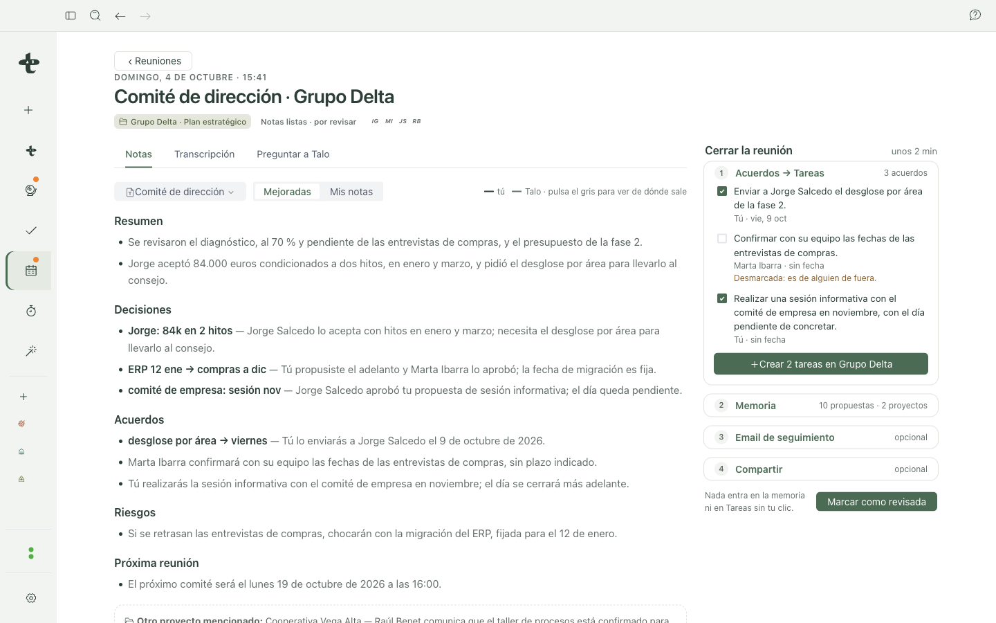 Notas mejoradas: lo tuyo distinguido de lo que añade Talo, con «De dónde sale» en cada cita