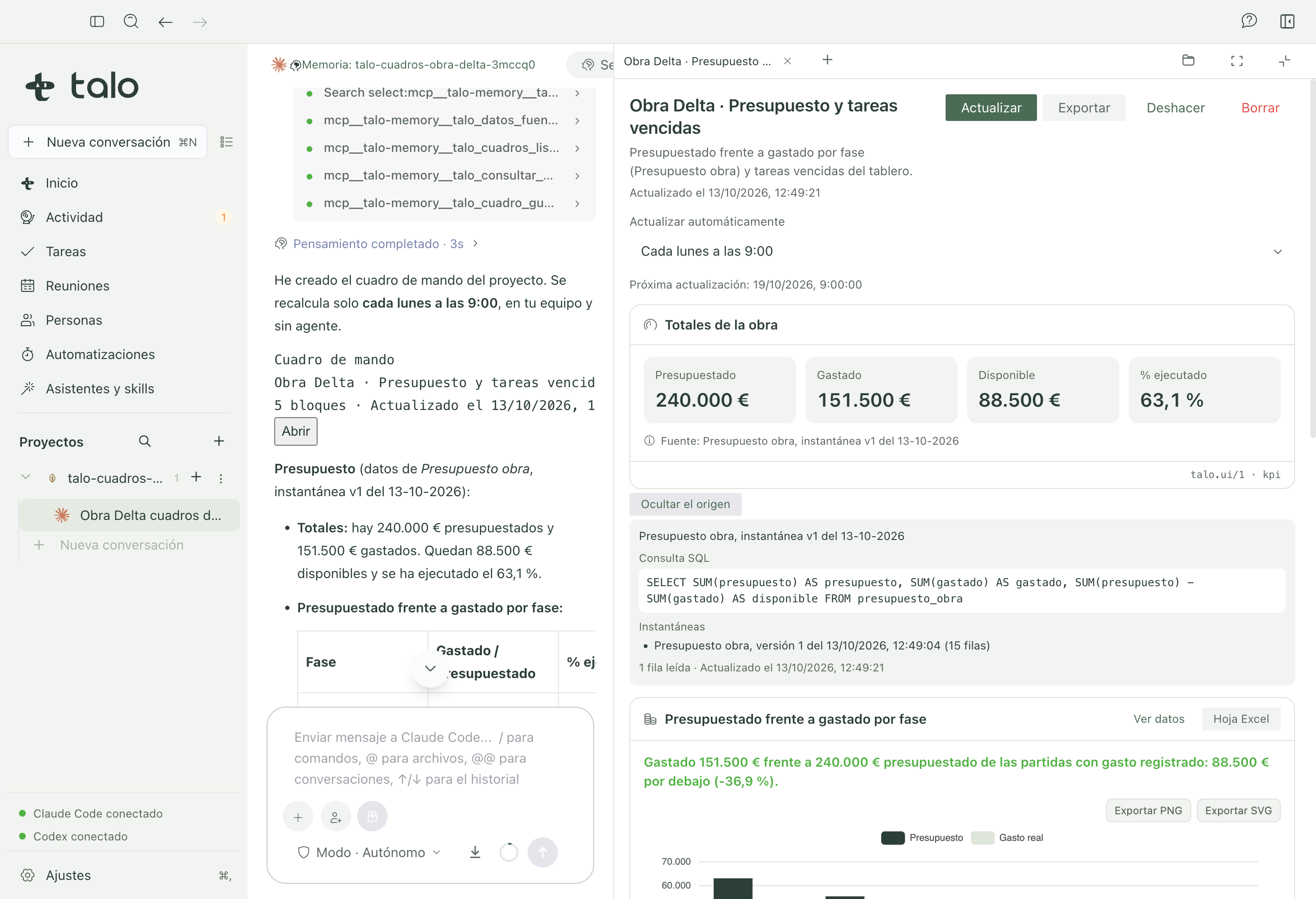 A widget with its SQL query and cited snapshot, expanded