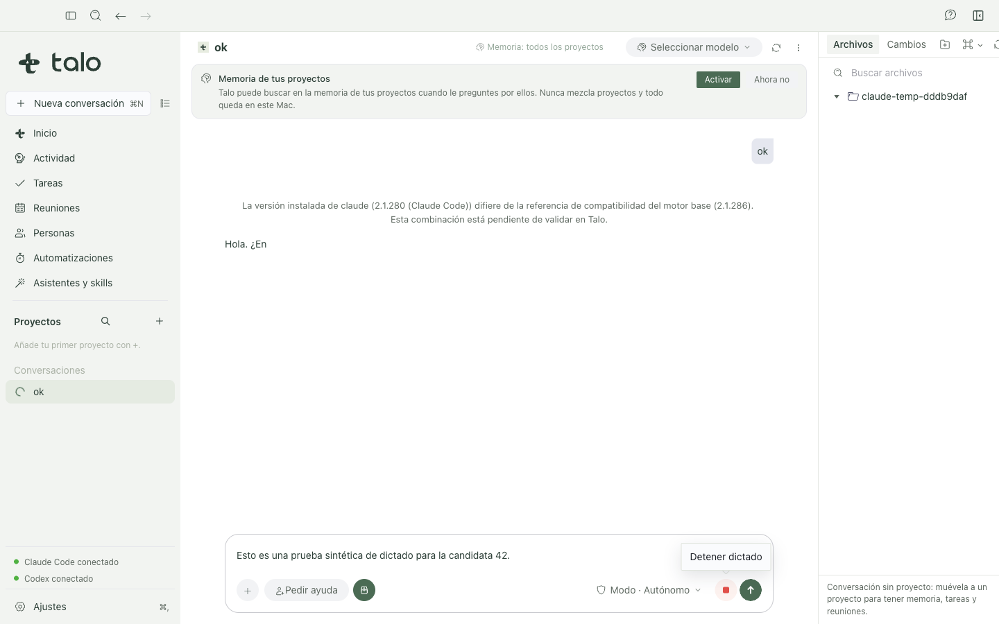 Dictated text appearing in the chat composer