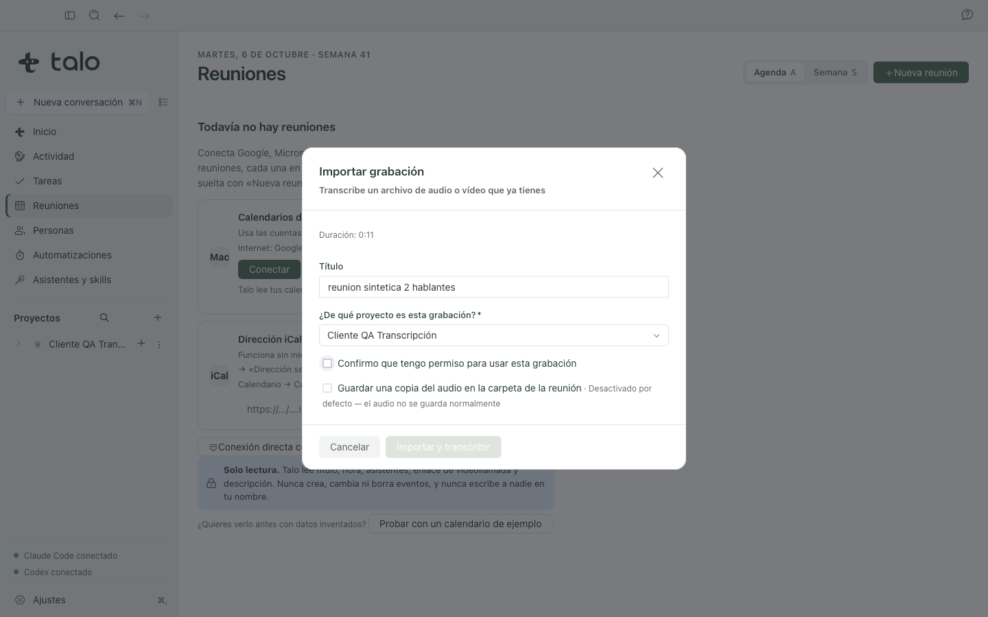 Recording ready to import, with its duration and format