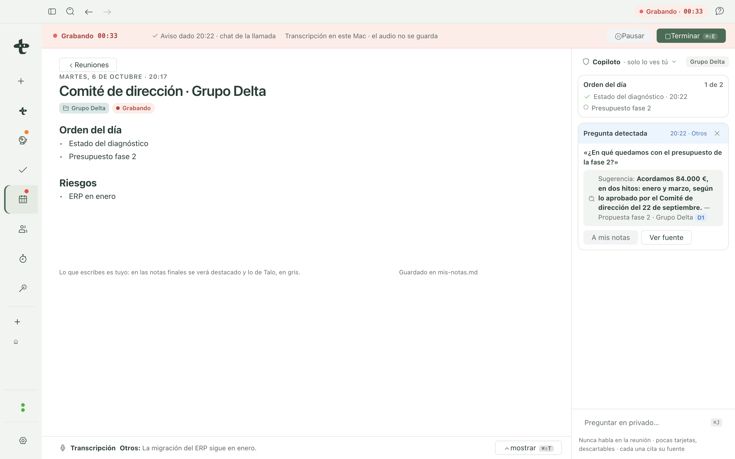 Copilot card with a detected question and its source