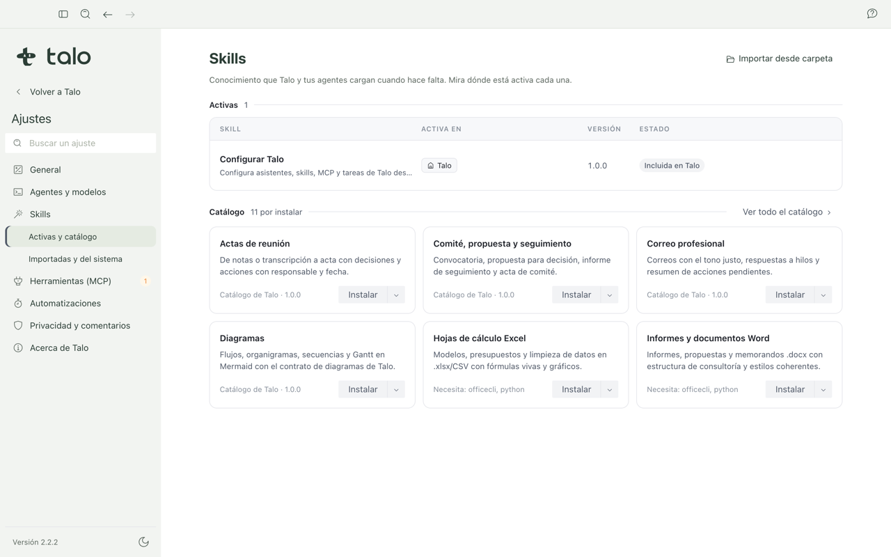 Skills Settings with active ones and the catalog
